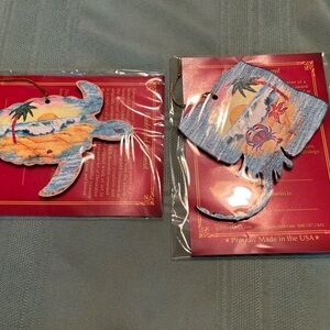 TWO Brand New G. Debrah Coastal Wooden Ornaments- Sea Turtle & Sting Ray